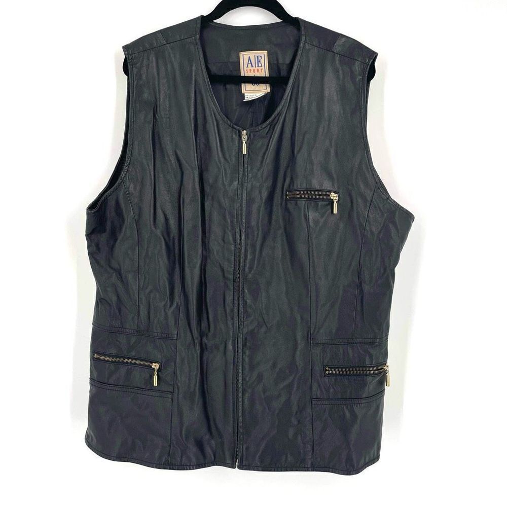 Vintage A|E Sport & Co Men's Leather Lined Zip Up Vest Jacket Black Plus size 3X